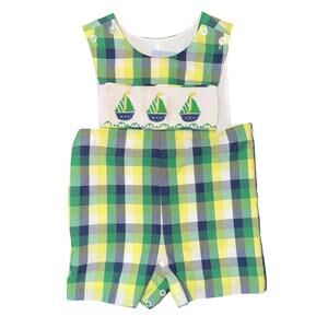 Three Sisters Baby Boys Smocked Sailboat Romper Plaid One Piece Green Yellow 3M